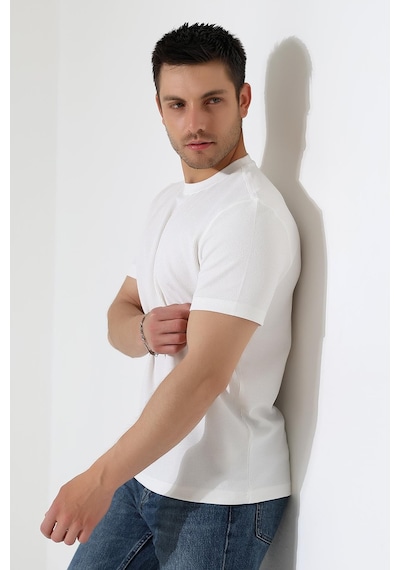 Rıbana Classıc Erkek Fitilli Slim Fit Bisiklet Yaka Düz Renk T-shirt Beyaz