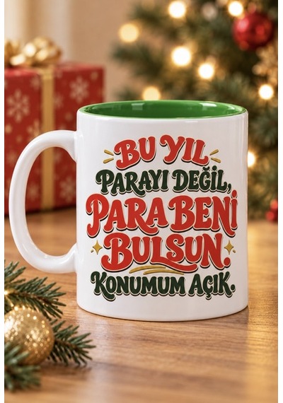 Mesela Yılbaşı Kupası Noel Baba Konum At Desenli Kırmızı İçli Hediyelik Kahve Kupa Bardak Beyaz
