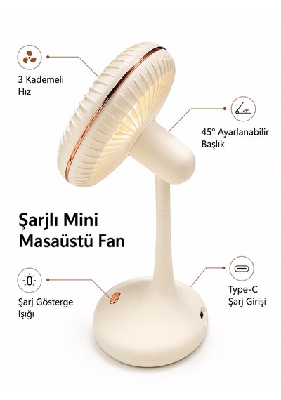 Şarjlı Mini El Fanı Masaüstü Fan 3 Kademeli 5 Kanatlı Oynar Başlıklı Vantilatör Klima Fan 1200mah Usb Şarj