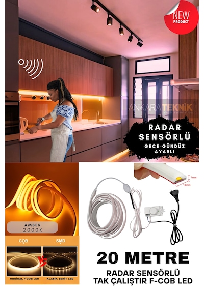 Ankara Teknik Sensörlü Amber Renk F- Cob Neon Led / Yüksek Lümen/ Dolap Alcıpan Tavan Led 20 Metre