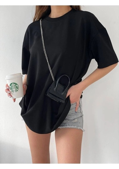 Unisex Siyah Pamuklu Oversize T-shirt - Bisiklet Yaka Siyah