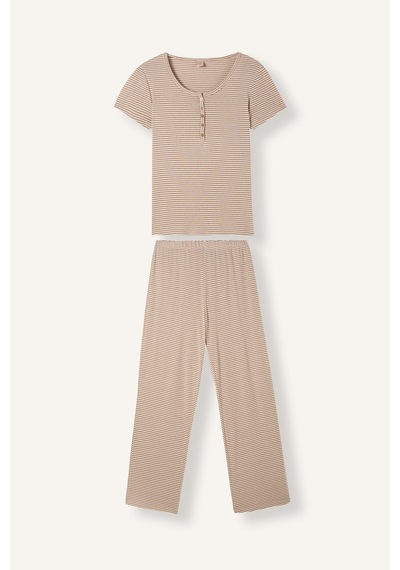 Defacto Regular Fit Çizgili Düğmeli Kısa Kollu 2li Pijama Takımı F9838ax26aubg402 Bej-bg402