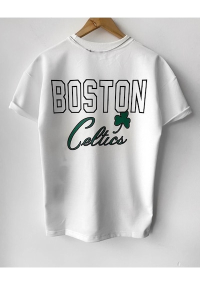 Unisex Beyaz Oversize Boston Logo Baskılı Pamuklu T-shirt Beyaz
