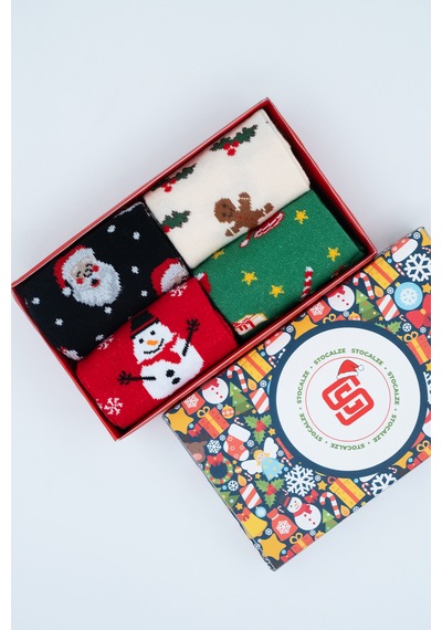 Stocalze Unisex Soket Çorap. Noel Ve Yılbaşı Temalı 4 Farklı Desenli Ve Renkli Kutulu Pamuklu Çorap Seti. Kırmızı - Yeşil - Siyah - Ekru