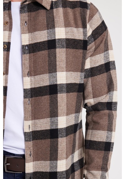 Tudors Erkek Slim Fit Dar Kesim Kareli Kışlık Oduncu Gömlek-42350 Kahverengi