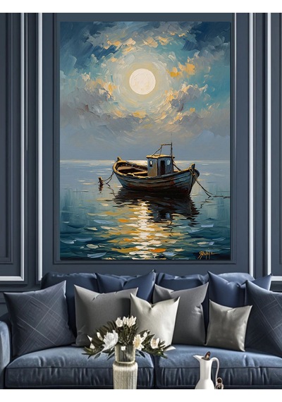 Ahşap Tablo Gece Denizde Yalnız Tekne Çocuk Odası Tabloları