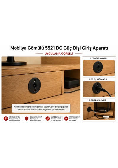 Mobilya Gömülü 5521 Dc Güç Dişi Giriş Aparatı 80 Cm Jst Xh Çıkışlı Güç Bağlantı Kablosu