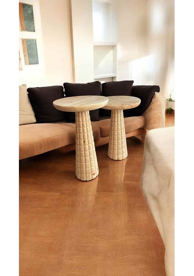 Doğal Naturel Renk Ahşap Mantar Sehpa Takımı 2li Set Bej