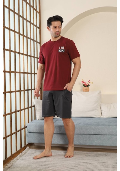 Seboteks %100 Pamuklu Kısa Kollu Cepli Erkek Şortlu Pijama Takımı 2015 Bordo
