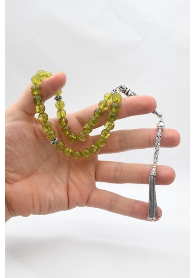 33'lük Doğal Peridot Taşlı Tesbih 925 Ayar Gümüş Püsküllü 10mm Küre Kesim