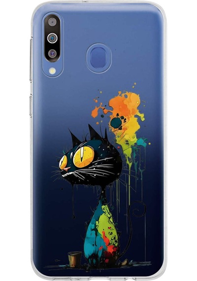 Samsung Galaxy M30 İle Uyumlu Splash Kedi Tasarımlı Şeffaf Silikon Kılıf Şeffaf
