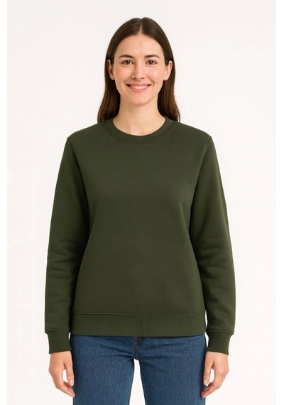 Üç İplik Düz Bisiklet Yaka Sweatshirt - Haki Haki
