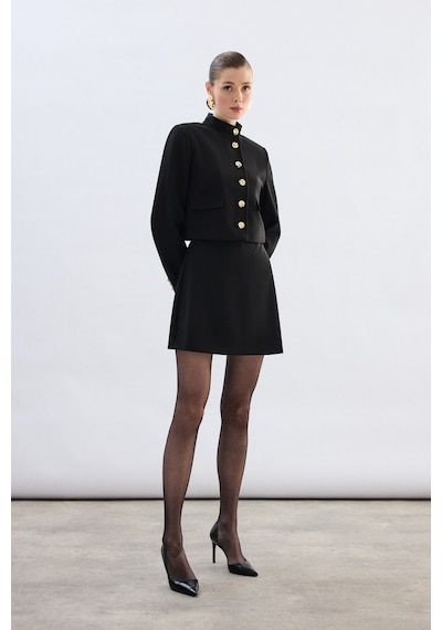 Sateen Düğmeli Kısa Ceket - Siyah-136774 Siyah
