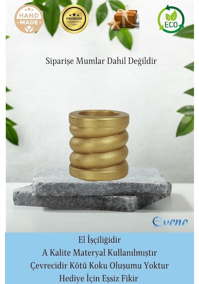 Eskitme Mumluk Şamdan 3 Adet Tealight Ve İnce Mum Uyumlu Spiral Model - Altın