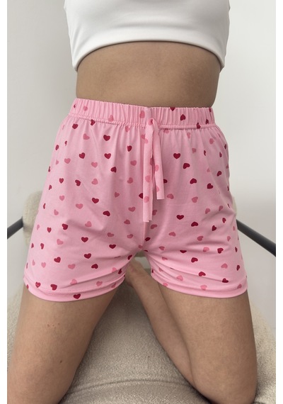 Giysa Kadın Beli Lastikli Kalp Desenli Pijama Altı Şort Pembe - 26y 2602