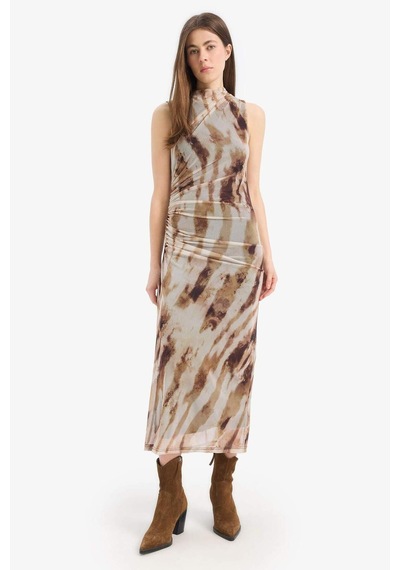 DeFacto Bodycon Vücudu Saran Batik Tül Kolsuz Maxi Elbise E8340AX25SPBN226