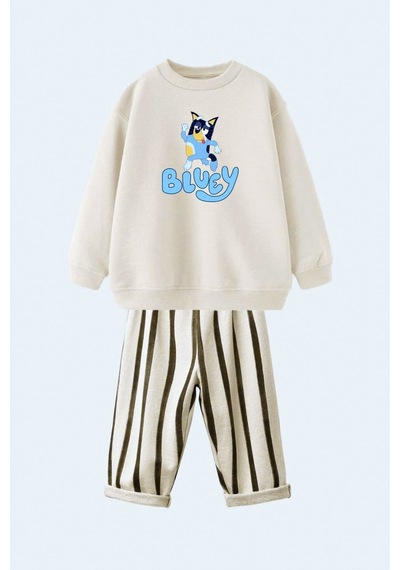 Miniko Kids Lucco Erkek Çocuk Bluey Modelli 3 İplik Şardonsuz Eşofman Takımı Ekru