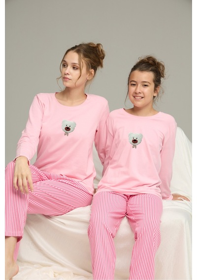 Siyah İnci Pamuklu Bisiklet Yaka Örme Pijama Takım25241138 Pembe