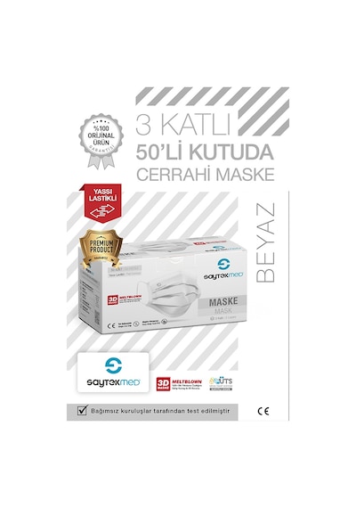 Saytekmed Meltblown Filtreli Yassı İpli 3 Katlı Beyaz Maske (1 Kutu - 50 Adet)