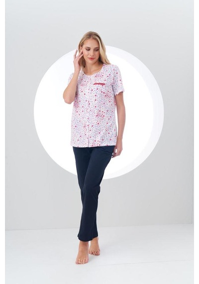 Pjs Kadın Desenli Önden Düğmeli Kısa Kollu Pijama Takım Beyaz