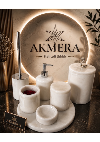 Akmera Elite 7 Parça %100 Gerçek Mermer Banyo Seti Beyaz - Gümüş