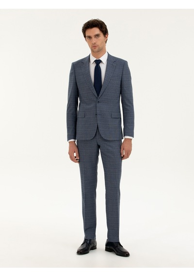 Cacharel Mavi Slim Fit Kareli Takım Elbise