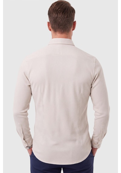 Rizzup Erkek %97 Pamuk Slim Fit Dar Kesim Petek Dokulu Likralı Örme Bej Gömlek 2600707