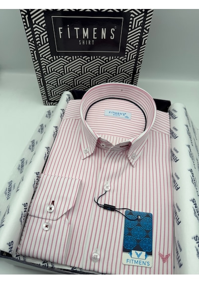Slim Fit Uzun Kol Premium Çizgili Yaka Düğmeli Hediye Kutulu Erkek Gömlek Fs-004440 - Pembe-3177