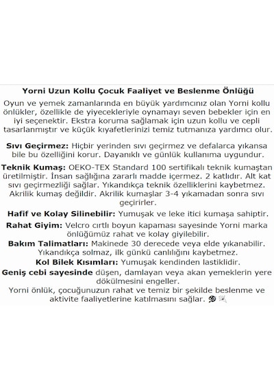 Yorni 6-24 Ay Sea Uzun Kollu, Sıvı Geçirmez, Cepli, Makinede Yıkanabilir, Bebek Önlüğü, Önlük Beyaz