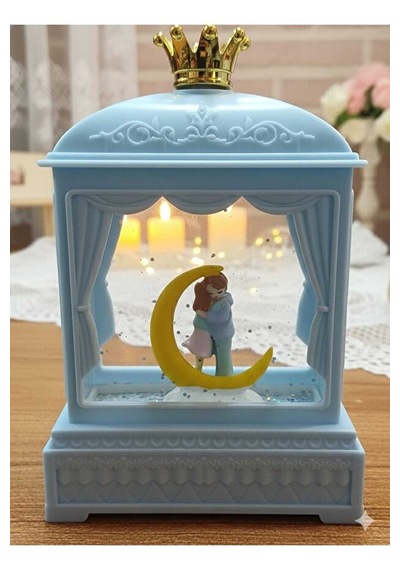Romantik Ay Ve Çift Figürlü Işıklı 3 Müzik Modlu Kar Küresi - Prens Tacı Detaylı Dekoratif Biblo -