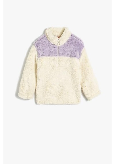 Koton Kız Bebek Peluş Sweatshirt Dik Yaka Uzun Kollu Yarım Fermuarlı Ekru