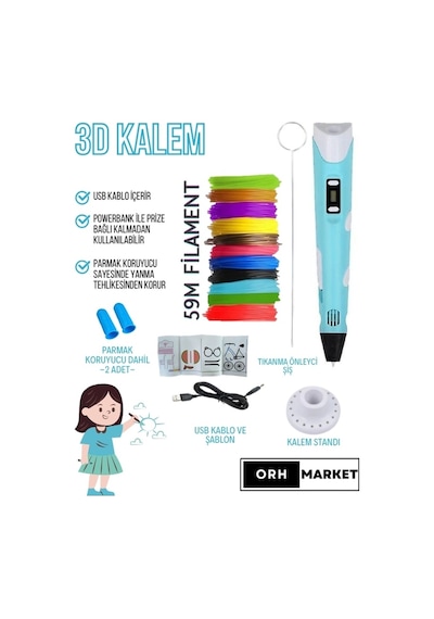 Mavi 3D Kalem 3D Pen Yazıcı Kalem – 10 Adet 5 Metrelik PLA Filament (Toplam 50M) + USB Kablo