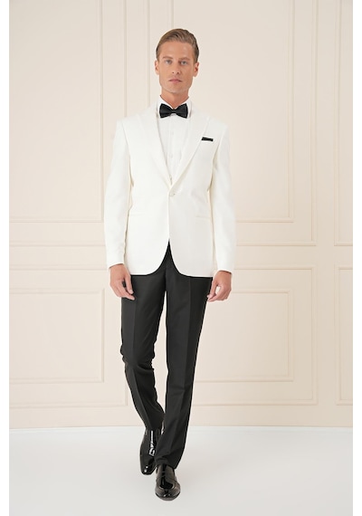 Efor Black 035 Slim Fit Saten Yaka Çift Yırtmaçlı Tek Düğmeli Krem Damatlık Smokin Ceket Krem
