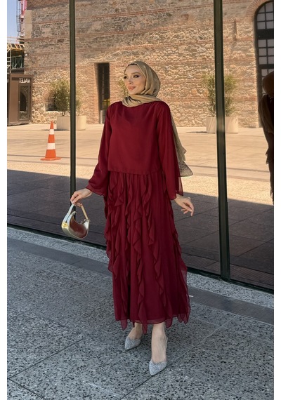 Riella Butik Mirel Volanlı Tesettür Takım Kırmızı