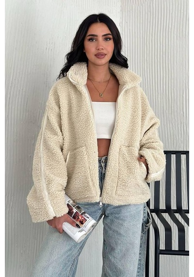 Kadın Fermuarlı Oversize Astarlı Peluş Ceket Yumuşak Dokulu & Konforlu Stil Bej