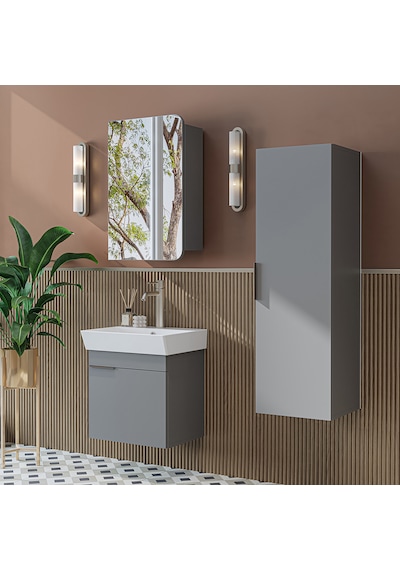 Likya Kapaklı Lavabolu 50 Cm Banyo Alt Dolabı + Üst Dolabı + Banyo Boy Dolabı Kül Gri