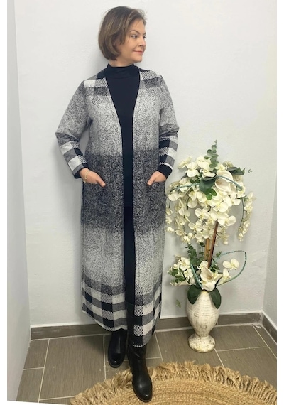 Mia Butik Büyük Beden Gri Desenli Uzun Hırka Gri