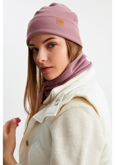 Butikgiz Kadın Balıkçı Style Pamuklu Kaşkorse Terletmez Ultra Hafif Yumuşak Bere Boyunluk Takım Gül Kurusu