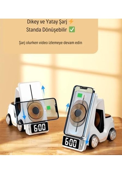 T20 15w 5 İ 1 Arada Magsafe Kablosuz Şarj İstasyonu, Dijital Saatli Forklift Tasarım, İphone 16/15/14/13/12, Apple Watch, Airpods Uyumlu Masaüstü Hızlı Şarj Standı Beyaz