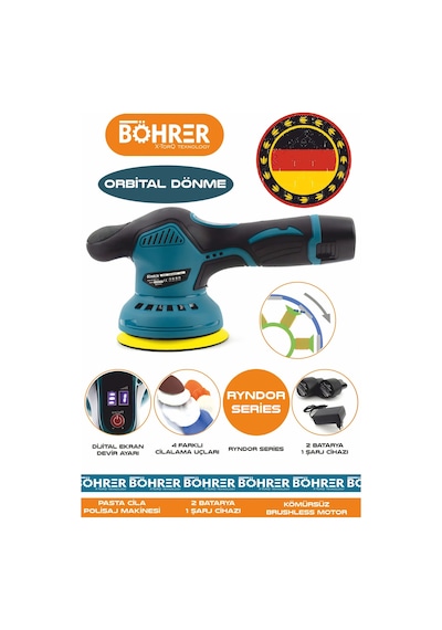 Böhrer Hb0324t Alman Bx3601 Çift Akülü Orbital 6 Kademeli Dijital Pasta Cila Araç Parke Mermer Polisaj Makinesi