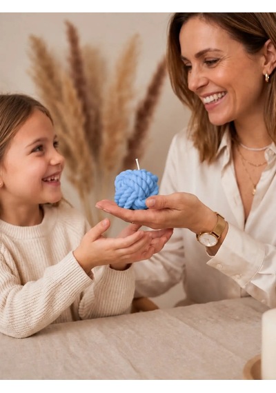 Mumelia Örgü Sıcaklığı - Doğal Soya Dekoratif Blok Mum - Küçük Boy - Açık Mavi - 2'li