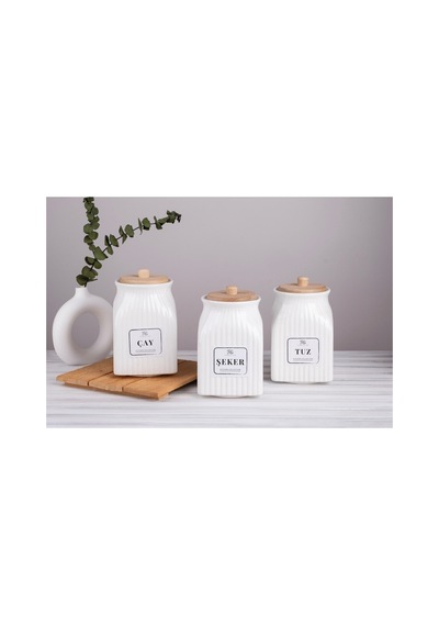 3 Lü Bambu Kapaklı Porselen 750 Ml Çay Şeker Tuz Saklama Kavanoz Seti Kavanoz Takımı Beyaz 657533721 Beyaz