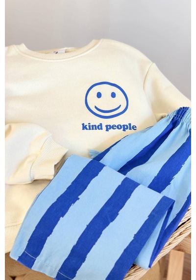 Miniğimin Cicileri Smile Detaylı Çizgili Unisex Çocuk Takım - Mavi