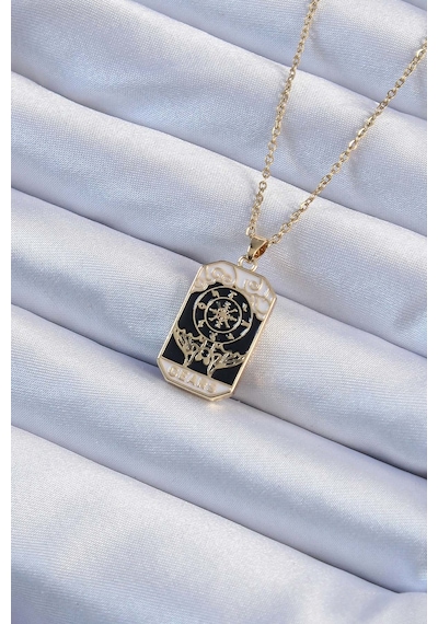 316l Çelik Zincir Altın Renk İşlemeli Siyah Mineli Tarot Kolye - Tj-bko9236