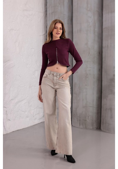 Ckm Moda Mira Selanik Oval Fermuar Bluz Bordo