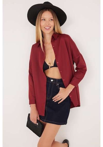 Tudors Kadın Oversize Rahat Kesim Spor Yaka Uzun Kollu Basic Düz Bordo Gömlek-36830 Bordo