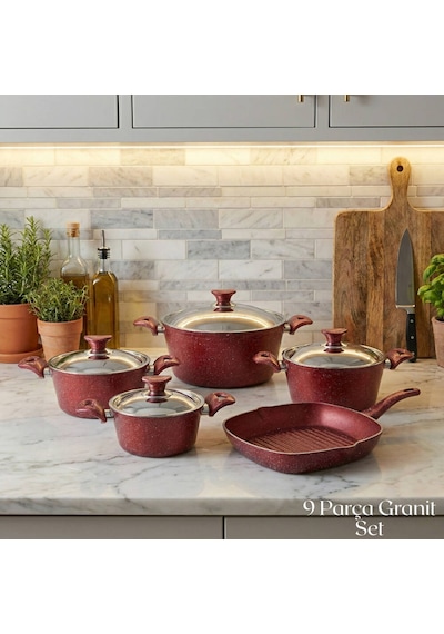 9 Parça Granit Set Çelik Kapak - Kırmızı Kırmızı