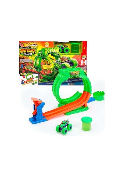 Hot Wheels Monster Trucks Mutant Kaosu Çemberde Yarış Oyun Seti, 1:64 Ölçekli Wreckin' Wolf, 110 Gramlık Slime, 2 Oynama Şekli, Jmk91