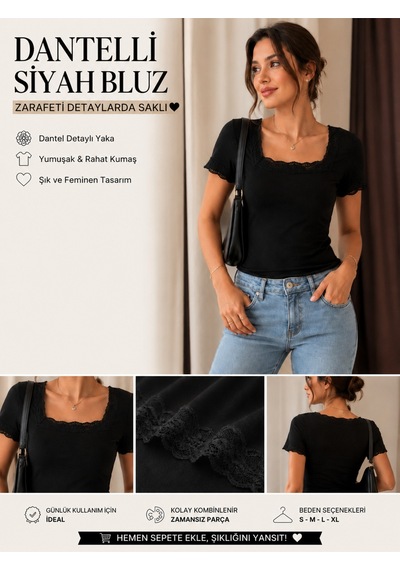 Mesatekstil Dantelli Bluz Siyah