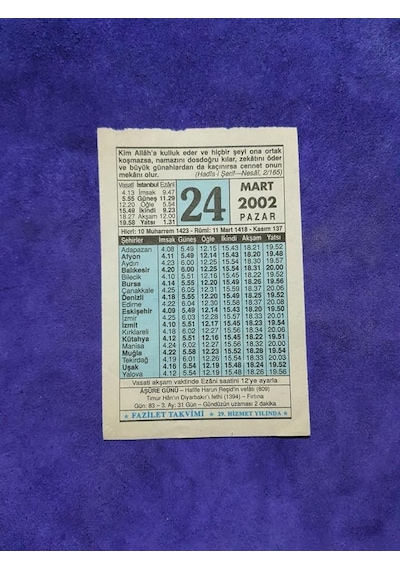 24 Mart 2002 Takvim Yaprağı - Nostalji Koleksiyonluk Takvim Yaprağı A